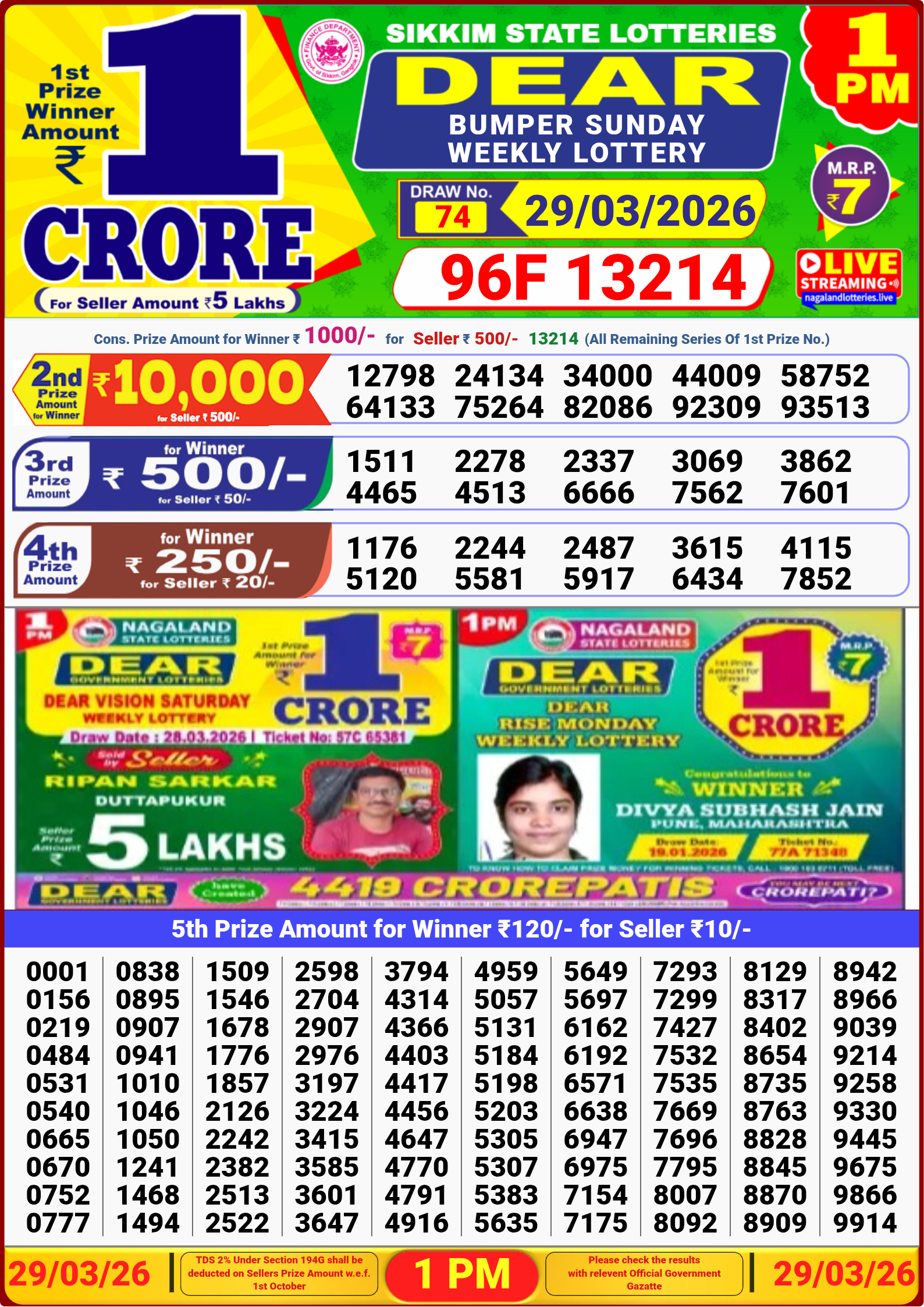 1 PM Lottery Result